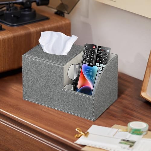 Square Multi-Functional Tissue Box Cover with Storage and Remote Control Holder - Cube Tissue Box Organizer for Bathroom, Nightstand, End Table - color: Grey