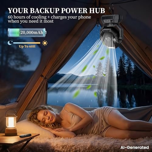 AJVV Camping Fan with Light, Remote and Oscillation, Battery Powered Hanging Tent Fan, Rechargeable Portable for Camp, Outdoor, Emergencies, Fishing, RV Travel, Jobsite - color: Black