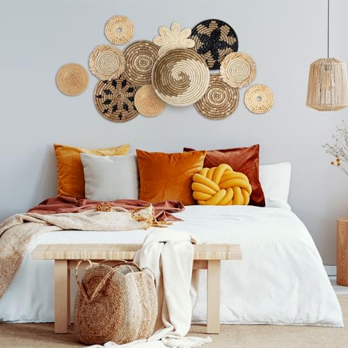 11 Pcs Boho Hanging Wall Basket Decor Handmade Woven Basket Wall Decorative Boho Wicker Baskets Placemats Round Farmhouse Bulrush Art for Rustic Home Decorations Christmas Gift(Rustic) - style: Rustic