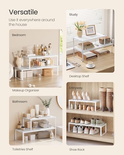 SONGMICS Spice Rack, Expandable Kitchen Countertop Shelf, Small Cupboard Organizer, Metal, Space-Saving Tabletop Shelf, Matte White UKCS007W01 - color: Matte White, size: Set of 1