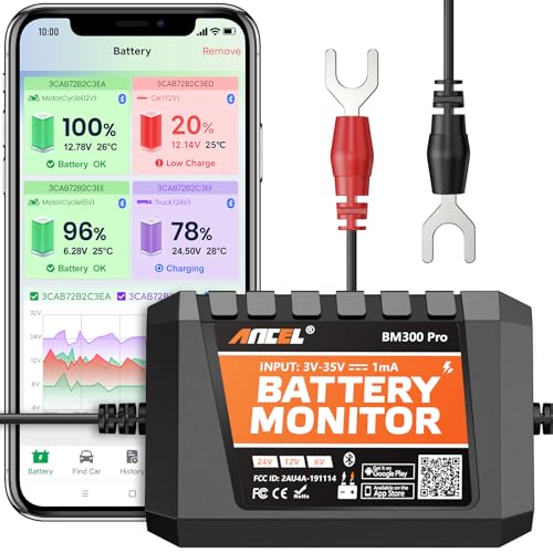 ANCEL BM300 Pro Battery Monitor - 6V/12V/24V Universal with Bluetooth 5.3 & Reinforced Design, Charging & Cranking Tests, Real-Time Alerts for Lead-Acid & Lithium Batteries in RV, Truck, Marine & More - color: Orange