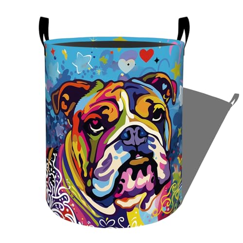 Colorful Bulldog Stars Hearts Laundry Basket with Handles, 19.7"x15.7" Clothes Foldable Laundry Hamper Organizer for Dorm Nursery Bedroom Bathroom Decor, Toy Storage Bin for Kids - style: Bulldog23