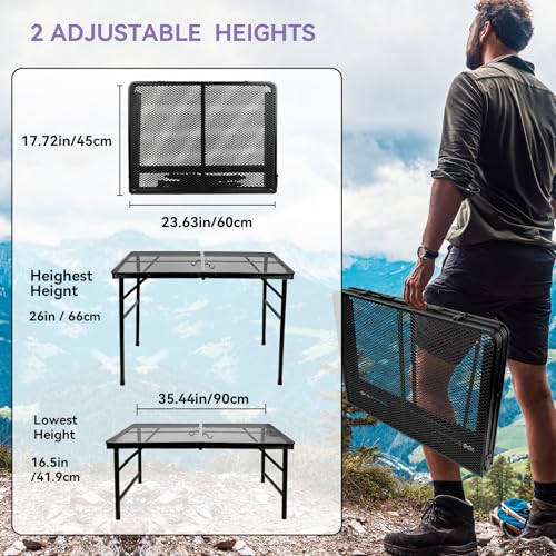 BRIAN & DANY 3x2 FT Folding Grill Table Camping Table, Metal Portable Picnic Table, Lightweight Height Adjustable Foldable Table for Outdoor, Black - size: 3x2FT