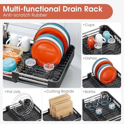 TOOLF Dish Drying Rack Expandable Drainer w/Cutlery & Cup Holder, Black | Stainless Steel &PP, Extenable 12.6" to 18.7"D, Anti-Rust, Auto-Drainage, Space-Saving, Fit for Various Sink Countertops - color: Black