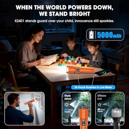 Rechargeable Tactical Flashlights 2000 High Lumens - 5000mAh Super Bright LED Powerful Flash Light, Waterproof Handheld USB C Flashlight for Home,Car,Camping,Emergencies,5 Modes,Zoomable (1, Orange) - color: Orange