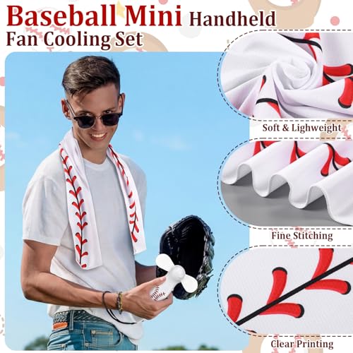 Woanger 24 Pcs Baseball Mini Handheld Fan Cooling Set 8 Small Personal Portable Fan 40''x 12'' 8 Baseball Cooling Towel 8 Drawstring Bags Summer Sport Party Favors Team Game Gift, Battery Not Include - color: White, style: Baseball