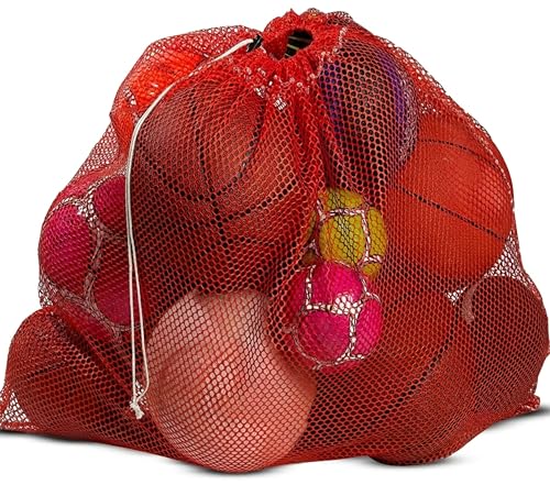 Mesh Equipment Bag - 32” x 36” and 24” x 36” - Adjustable, sliding drawstring cord closure. Perfect mesh bag for parent or coach, making it easy to transport and keeping your sporting gear organized. - color: Red, size: 32" x 36"