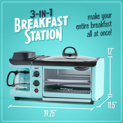 Nostalgia 3-in-1 Breakfast Station - Includes Coffee Maker, Non-Stick Griddle, and 4-Slice Toaster Oven - Versatile Breakfast Maker with Timer - Aqua - color: Aqua, style: Classic Retro