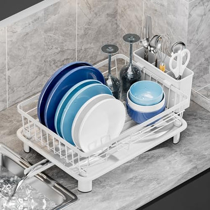 Dish Drying Rack, Stainless Steel-Dish Rack, Dish Racks for Kitchen Counter, Kitchen Dish Drainers with Removable Utensil Holder,New drain outlet,Plate Rack and Drainboard,(White-11" W x 15" L) - color: White