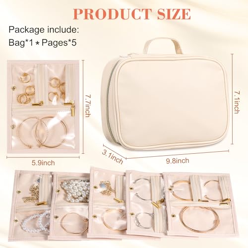 Travel Jewelry Organizer - Imitation Leather Travel Jewelry Case with Adjustable Pages, Jewelry Bag for Earrings,Rings,Necklaces,Bracelets-Perfect,Waterproof, Ideal for Trips & Gifts (Off-white) - color: Off-white
