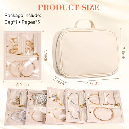 Travel Jewelry Organizer - Imitation Leather Travel Jewelry Case with Adjustable Pages, Jewelry Bag for Earrings,Rings,Necklaces,Bracelets-Perfect,Waterproof, Ideal for Trips & Gifts (Off-white) - color: Off-white