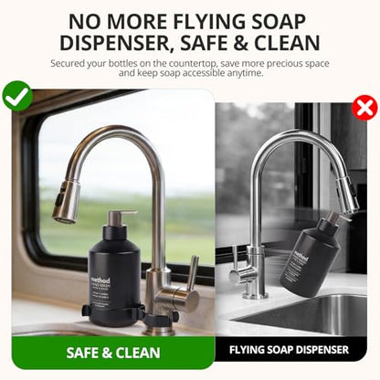 RV Round Soap Dispenser Holder, Durable Stainless Steel Organization Accessories to Secure Soap Bottle, for Camper, Camper Van or Motorhome, Fits Round RV Faucets & Bottles, Easy Snap-On, Space-saving