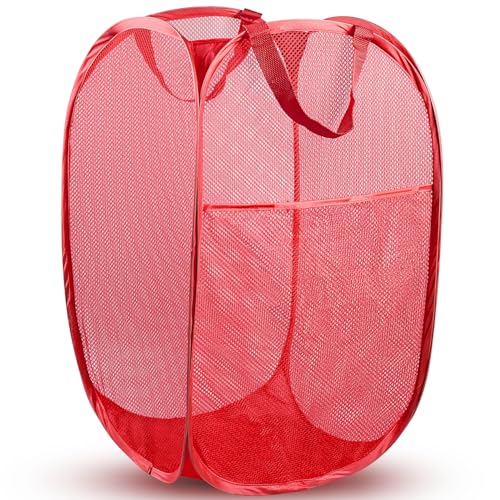 DUCOO Pop Up Laundry Hamper, 70L Collapsible Mesh Laundry Basket with Side Pocket, Foldable Dirty Clothes Hamper with Sturdy Reinforced Handles for Home Dorm Bedroom Travel Bathroom Storage, Red - color: Red