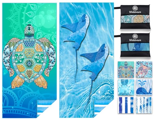 2 Pack Microfiber Lightweight Beach Towel Sand Free Quick Dry Absorbent Thin Compact Towels for Swimming Pool Camping Beach Accessories Large Easy Pack Travel Things for Vacation Essentials Gift - color: 2 Pack Turtle Fly Fish M