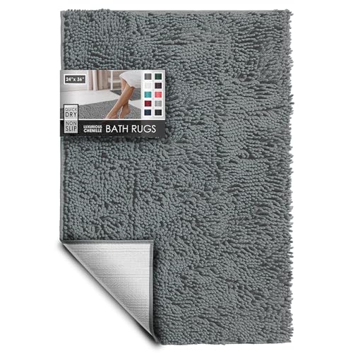 Hearth & Harbor Bathroom Rugs, Chenille Bath Mat - Machine Washable Bath Mats for Bathroom Non-Slip Backing Rubber, Quick Dry Bathroom Mat, 24 x 36 - Frost Grey - color: Frost Grey, style: 24 x 36