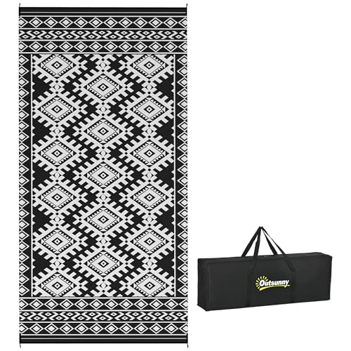 Outsunny Outdoor Rug for Patio, 9' x 18' Waterproof Large Mat, Reversible Plastic Straw Rug for Decor, Portable Outside RV Camping Area Carpet Mat for Backyard Porch Deck Picnic, Black & White Rhombus - color: Black and White Rhombus Border, size: 8'11" x