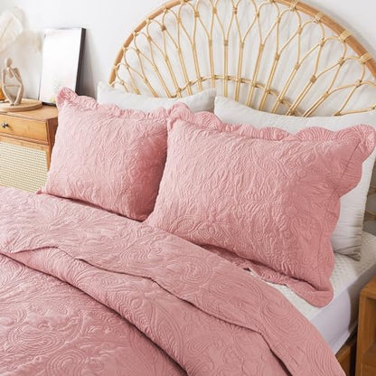 HoneiLife Queen Quilt Bedding Set - 3 Piece Microfiber Quilt Sets Lightweight Bedspreads Reversible Coverlets Rustic Bed Cover Floral Bedding Set All Season Quilts-Pink - color: Dusty Pink, size: Queen/Full-90"x96"