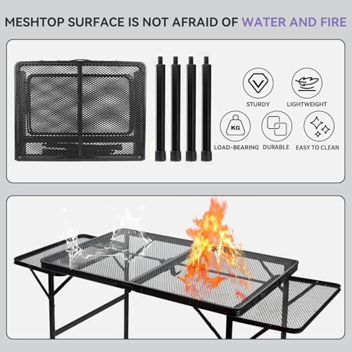 BRIAN & DANY 3x2 FT Camping Table with 2 Wing Panels, Folding Grill Table, Metal Portable Picnic Table, Lightweight Height Adjustable Foldable Table for Outdoor, Black - size: 4.4x2FT