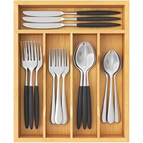 Lifewit Silverware Drawer Organizer, Utensil Tray for Kitchen, Flatware and Cutlery Holder, Storage for Spoons Forks Knives, 9.9 x 12.8", Natural - size: 9.9''W x 12.8''D