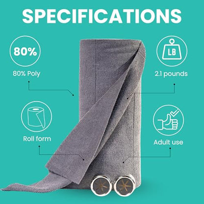 Microfiber Cleaning Cloth Roll Tearaway, 50 PCS Tear Away Towels, Reusable & Washable, Ultra Absorbent 12" x 12" Dish Rags for Car, Home, Kitchen, , 180 GSM Thickness, Paper Towel Alternative - color: Grey With Hanging Hooks