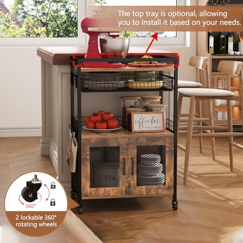 Hencawima Coffee Bar Cabinet, 3 Tier Coffee Station Table on Wheels, 35.9" H Bar Cart with Wire Basket Drawer & 5 Hooks for Home Kitchen, Liquor Buffet Sideboard Cabinet (Rustic Brown) - size: X-Large