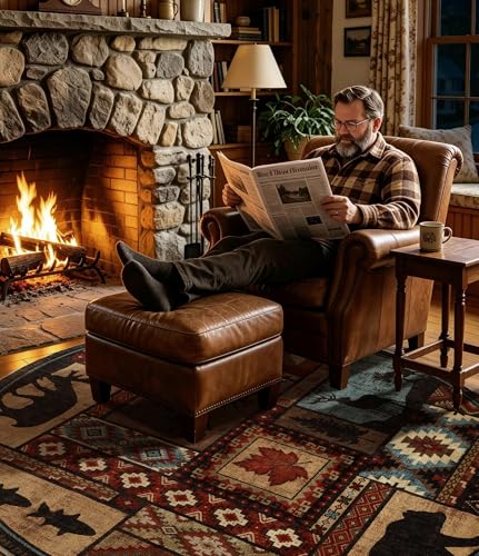 YIHOUSE Rustic Round Rug 6ft, Washable Circle Area Rug with Non-Slip Backing, Low Pile Soft Western Cabin Rugs for Living Room, Bedroom - color: Brown, size: 6' (Round)