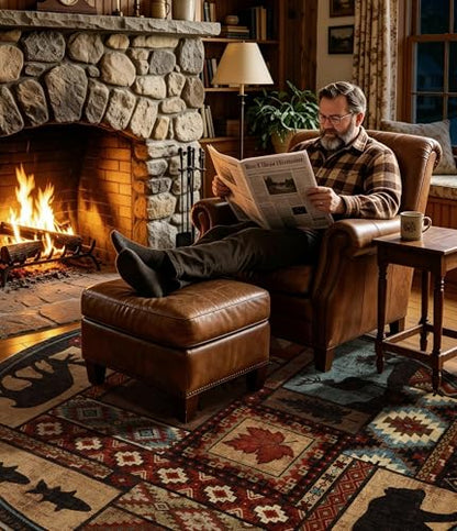 YIHOUSE Rustic Round Rug 6ft, Washable Circle Area Rug with Non-Slip Backing, Low Pile Soft Western Cabin Rugs for Living Room, Bedroom - color: Brown, size: 6' (Round)