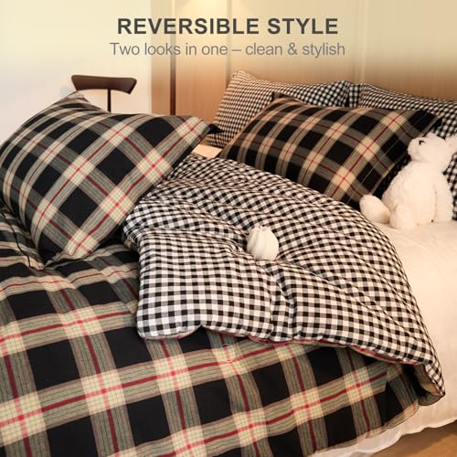 100% Cotton Comforter Set Full Size – Reversible Yarn-Dyed Checkered Design, Soft Washed Cotton on Both Sides, Lightweight All-Season Bedding, Machine Washable(Black Red Plaid, 80”x90”) - color: Black Red, size: Full(80"x90")