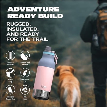 Asobu Buddy Bottle a Stainless Steel Insulated Water Bottle for with Removable Dog Water Bowl and Dog Food and Treat Storage Bowl (Pastel Pink, 34 Oz) - color: Pastel Pink
