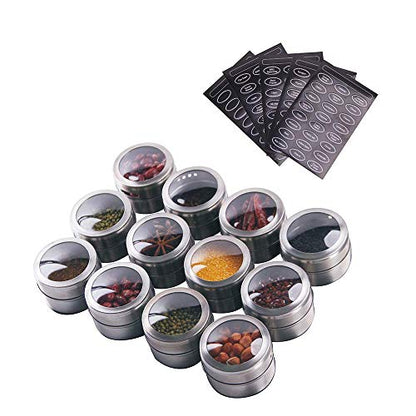 12 Powerful Magnetic Spice Tins- Stainless Steel Spice Storage Containers, Kitchen Spice Jars with Clear Lid with Sift & Pour, Rack Magnetic on Fridge, 120 Spice Labels - color: 12 MAGNETIC SPICE TINS