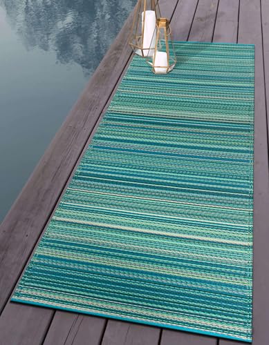 Rugshop Contemporary Stripe Reversible Crease-Free Waterproof Premium Recycled Plastic Outdoor Rugs for Patio,Backyard,RV,Deck,Picnic,Trailer,Beach,Camping Rug 2' 7" X 8' Blue - size: 2'7" x 8' (Rectangular)