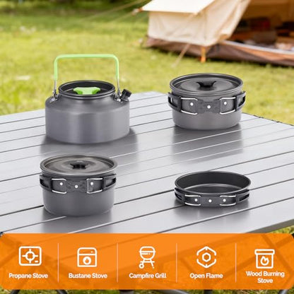 ROVSUN 34 pcs Camping Cookware Mess Kit, Lightweight Non-Stick Camping Cooking Pot and Pan Set with Stainless Steel Camping Gear Kettle Cup for Open Fire, Backpacking, Outdoor Cooking