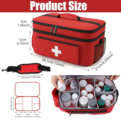 Large Medicine Bag Organizer, 15" x 8.2" x 7" Medicine Storage Bag with Removable Dividers, Water-Resistant Travel Medical Bags Organizer for Home, Car, Office & Outdoor Emergency Supplies