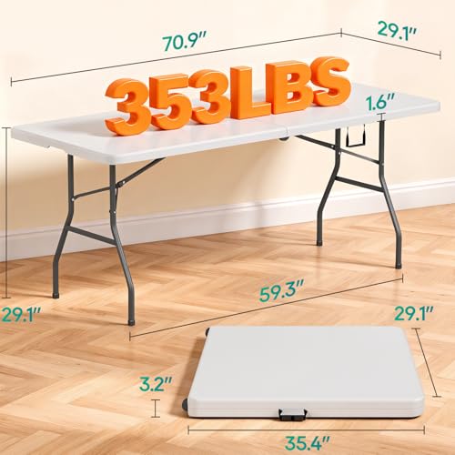 FDW 6FT Folding Table, Portable Fold-in-Half Plastic Picnic Party Table with Carrying Handle (White - color: White, size: 6 FT 70"x29"