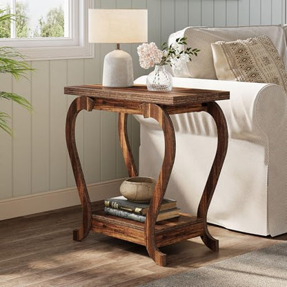 Tribesigns Narrow End Table with Storage, 2-Tier Wooden Side Table for Small Spaces, Slim Nightstand Bedside Table for Living Room & Bedroom, Rustic Brown, 23.6 Inch (1, Rustic Brown) - color: Rustic Brown