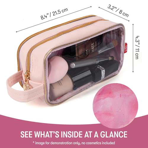 ZIPIT: Travel Makeup Bag - Soft Shell, Large Zipper Cosmetic Case, 3 Compartments, Toiletry Storage Organizer, Clear Window, Brush Slots - color: Pink
