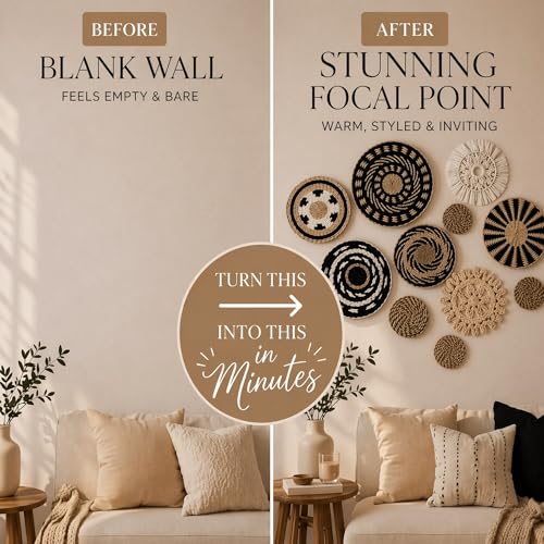 11-Piece (Retro) Boho Wall Basket Decor – Handmade Woven Wall Baskets, Bohemian Farmhouse Wall Art, Rustic Hanging Basket Set for Living Room, Bedroom & Kitchen Summer decoration - style: Retro