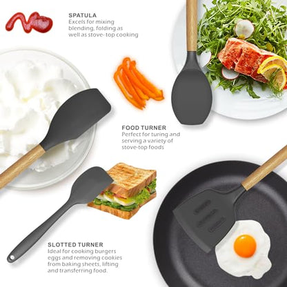 oannao Silicone Cooking Utensils Kitchen Utensil Set - 446°F Heat Resistant Silicone Kitchen Utensils Set, Spatula,Turner Tongs, Spoon, Whisk,Kitchen Gadgets for Nonstick Cookware, BPA Free (Gray) - color: Gray
