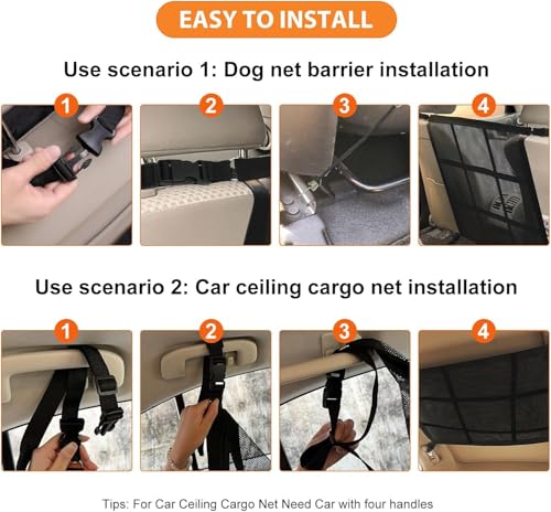 Dog Car Net Barrier,Universal Fit Sturdy Double-Layer Mesh 31.5"x23.6" Car Ceiling Cargo Net Pocket with Flexible Bungee Cords for Seat Movement Easy to Install