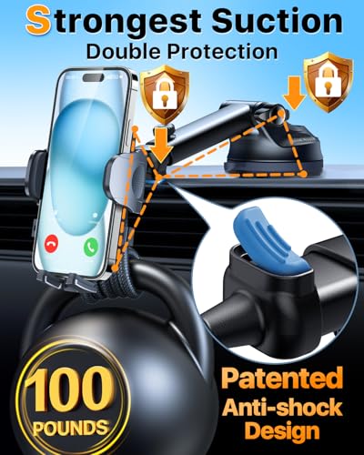 2026 Ultimate Best【True Military-Grade & Safety Cert】Car Phone Holder HTU【Upgraded 360 Rotation & 100+LBS Strongest Suction】5-in-1 Truck Windshield Dashboard Vent Mount Stand for iPhone Android, Black - color: Black