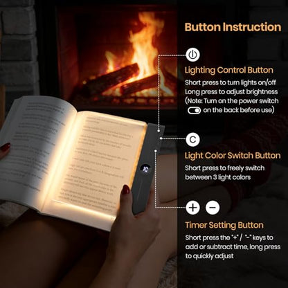 Book Light, Rechargeable Clear LED Flat Reading Light for Reading in Bed at Night with 3 Colors & Timer, Dimmable Full Page Panel Plate Lamp, Bookish Gifts for Readers Kids Women Men (Black) - color: Black