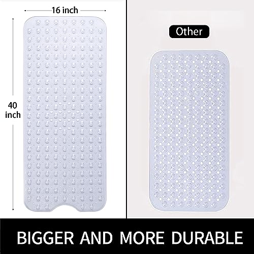 Extra Long Non Slip Bathtub Mat - 40 x 16 Inch Machine Washable Tub Mats with Suction Cups and Drain Holes for Bathroom - color: Clear, size: 40" x 16" (Rectangular)