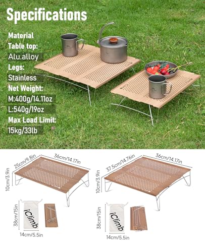 iClimb Mini Solo Folding Table Ultralight Compact for Backpacking Camping Hiking Beach Picnic (Nature - L) - color: Nature, size: Large