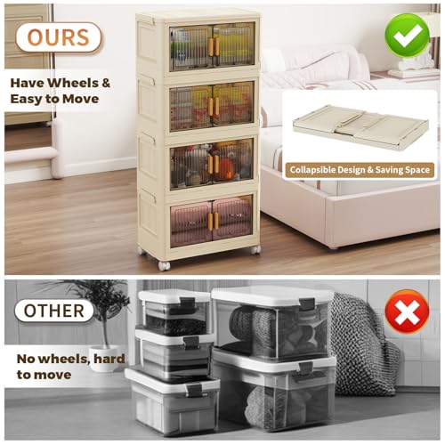 4 Tier Stackable Plastic Storage Bins with Lids 48QT, Collapsible Closet Organizers and Storage with Wheels for Living Room,Office,Dorm - size: 48Qt-4pack