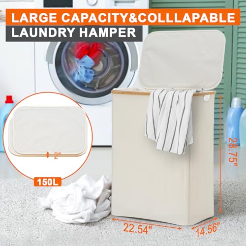 GARPROVM Double Laundry Hamper with Lid 150L Large Laundry Basket with Bamboo Handles Foldable Clothes Hampers with 2 Removable Liner Bags for Laundry for Bedroom Bathroom Dorm Laundry Room (Beige) - color: Beige