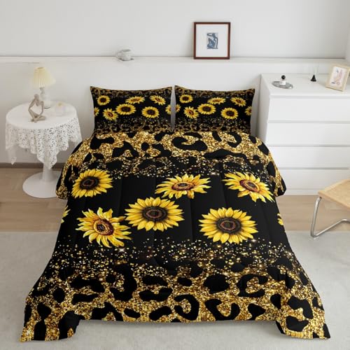 Feelyou Sunflower Leopard Comforter Set for Girls Boys Yellow Sunflower Comforter Glitter Cheetah Print Bedding Set Botanical Floral Duvet Set King Size Quilt Boys - color: Multi Aa09, size: King