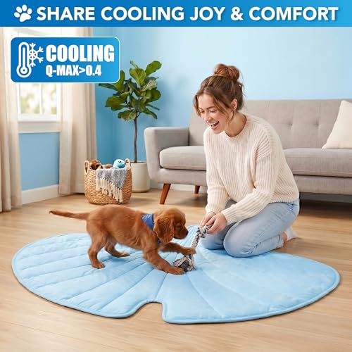 PetAmi Dog Cooling Mat, Ginkgo Leaf Shape, Pet Pad with Cooling Nylon & Soft Fleece, Q-Max > 0.4 Reversible All Season Blanket for Dogs & Cats, Large 55x59 in, Light Blue - color: Baby Blue, size: Large