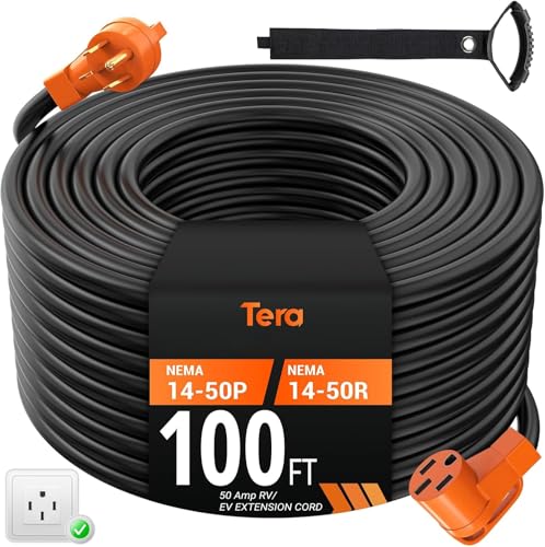 Tera Extension Cord 50 Amp RV & EV 100 FT: NEMA 14-50P to 14-50R UL Listed 6 Gauge 6 AWG 4 Prong 250V Heavy Duty with Grip Handle Cord Organizer 6/3+8/1 Gauge STW RV Power Cord for Tesla J1772 - size: 100FT, style: NEMA 14-50P