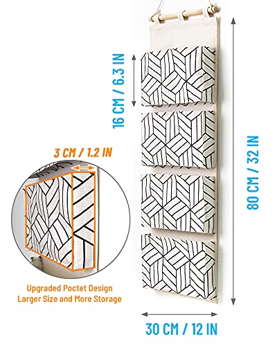 CROWNED 2Pcs Over Door Hanging Storage Bags Wall Mount Closet Organizer, 4 Big Pockets Linen Cotton Fabric Living Room Bedroom Bathroom File Magazine Waterproof Free Hooks White - color: White
