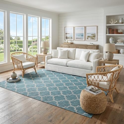 Unique Loom Outdoor Trellis Collection Area Rug (7' 1" x 10' Rectangle, Teal/ Gray) - color: Teal/Gray, size: 7'1" x 10' (Rectangular)
